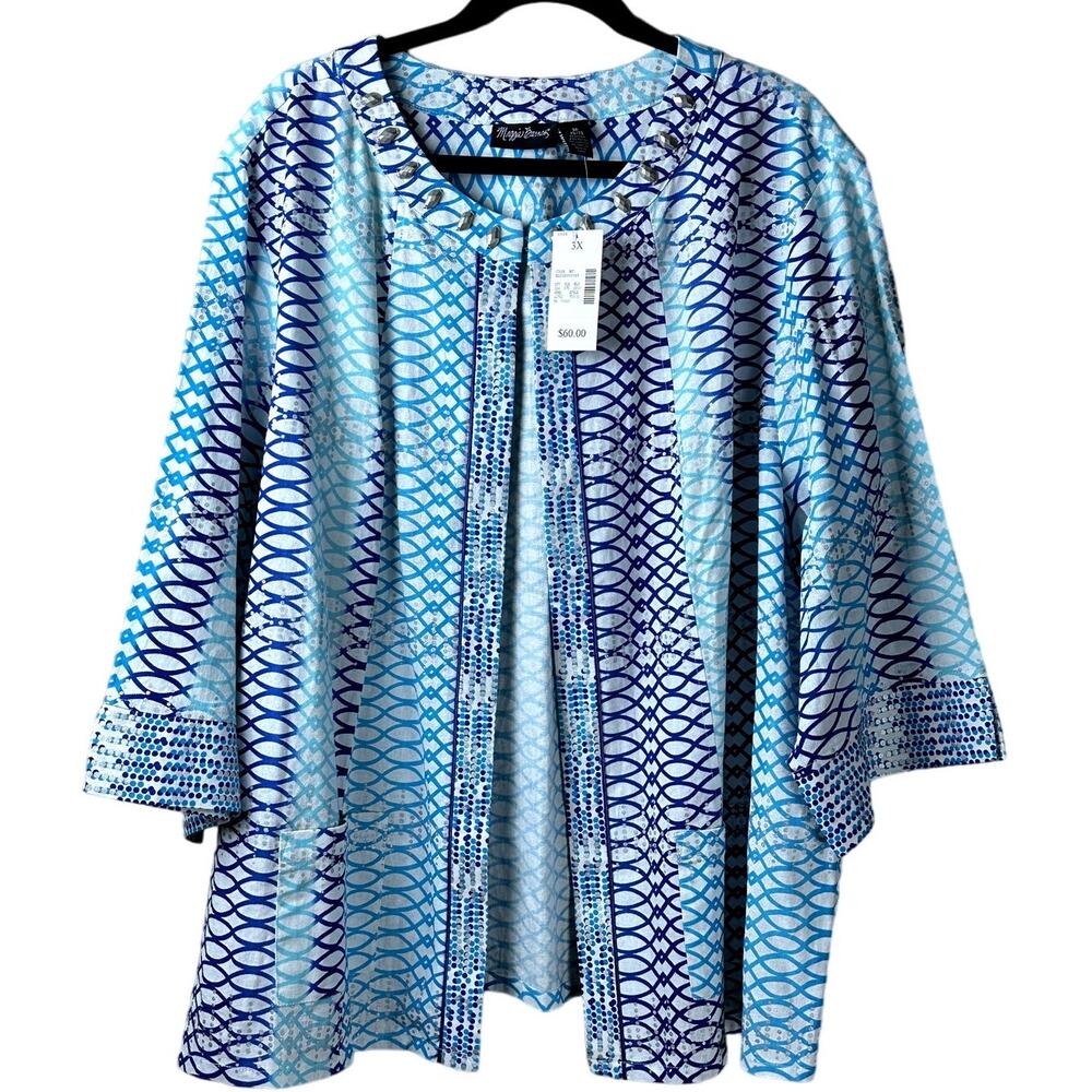 Maggie Barnes Linen Blend Blues Silver Cardigan Open Jacket Women Sz 3X (26/28)